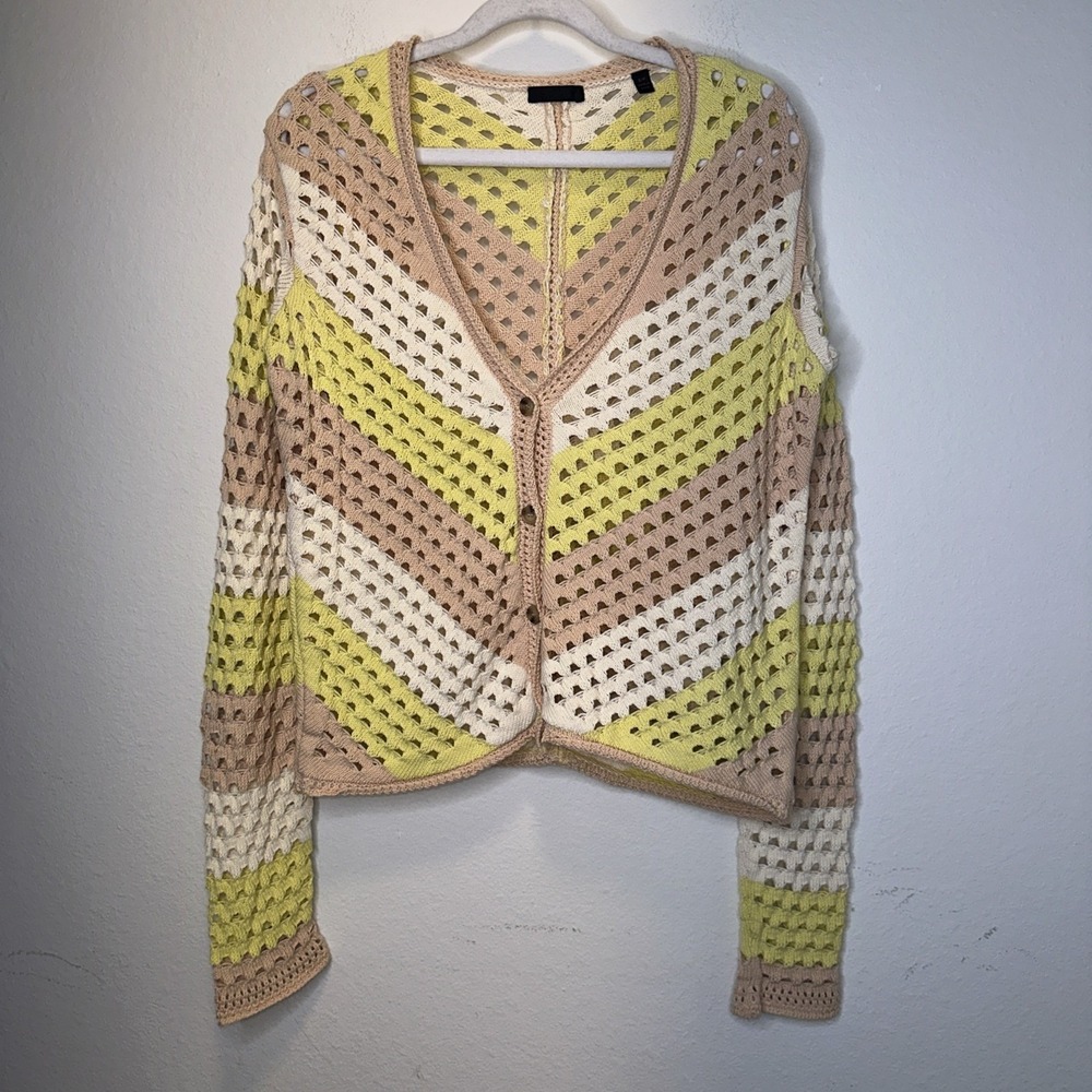 ATM Anthony Thomas Melillo Chevron Open Knit Cotton Cardigan S Boho Coastal Eart